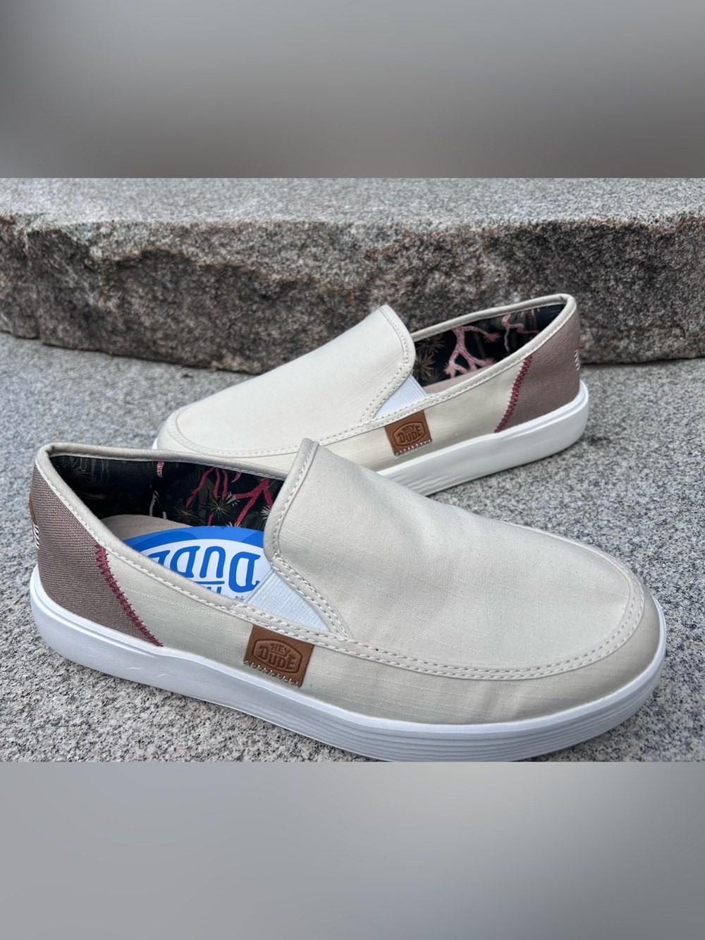 Hey Dude Women’s Slip-On Loafers in Light Cream with Brown Accents